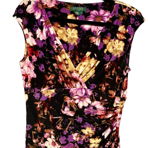 Ralph Lauren Dark Floral Surplice Neckline Faux Wrap Black Purple Sheath Dress - Picture 2 of 11